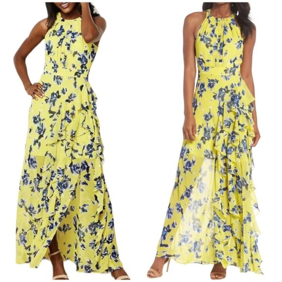Eliza J NWT Halter Ruffle Maxi Dress 12 Sleeveless Chiffon Gown Yellow Blue - Picture 2 of 4